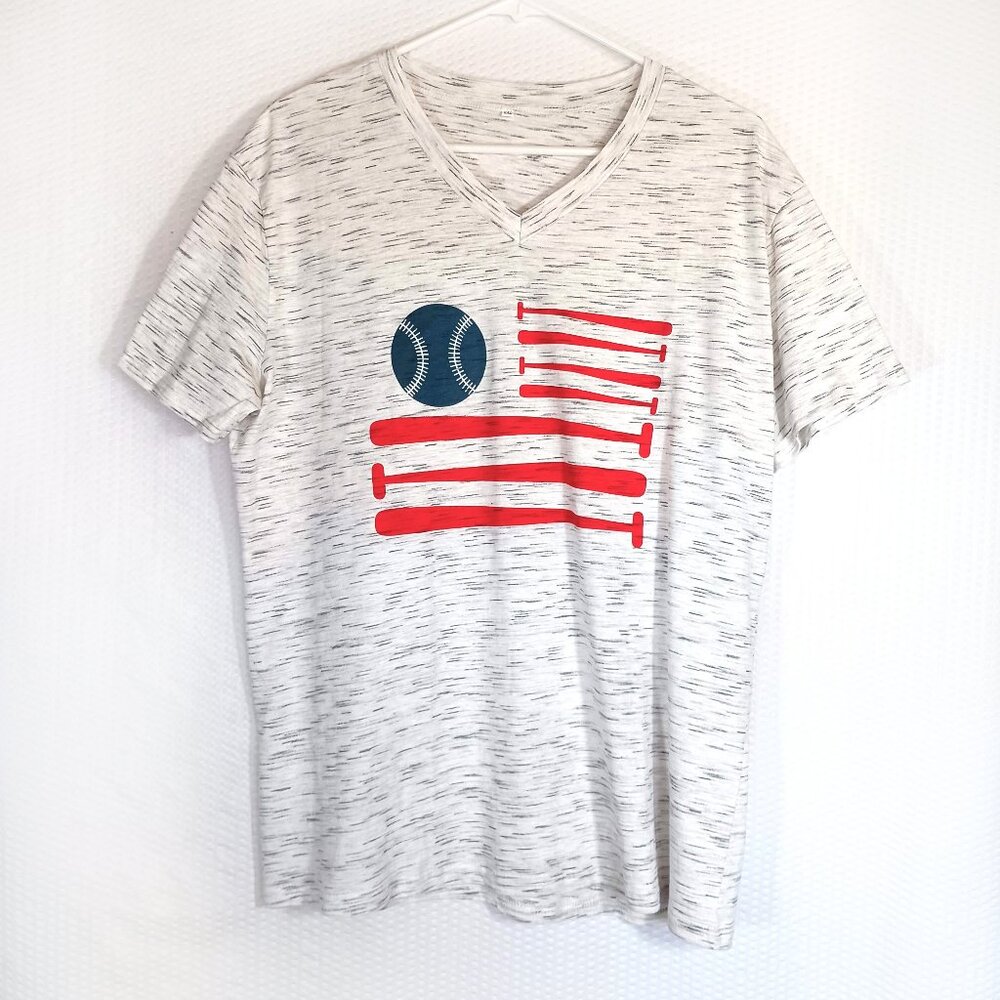 Baseball and U.S. Flag Inspired V-Neck T-Shirt, Size 2XL